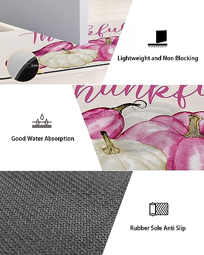 Thanksgiving Fall Bath Mat for Tub,Non Slip Bathroom Floor Runner Rug Quick Dry & Absorbent Diatomaceous Earth Shower Sink Kitchen Washable Doormat,Thanksful Harvest Pumpkin Pink White 20x24+20x48