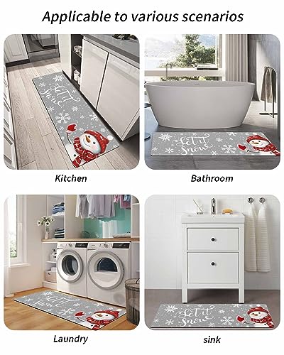 Jolunifun Christmas Snowman Bath Mat for Tub,Non Slip Bathroom Floor Runner Rug Quick Dry & Absorbent Diatomaceous Earth Shower Sink Bedroom Kitchen Washable Doormat,Winter Red Snowflake Grey 20"x47"