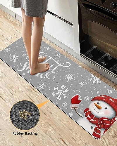 Jolunifun Christmas Snowman Bath Mat for Tub,Non Slip Bathroom Floor Runner Rug Quick Dry & Absorbent Diatomaceous Earth Shower Sink Bedroom Kitchen Washable Doormat,Winter Red Snowflake Grey 20"x47"