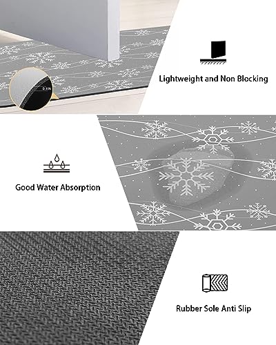 Grey Snowflake Bath Mat for Tub,Non Slip Bathroom Floor Runner Rug Quick Dry & Absorbent Diatomaceous Earth Shower Sink Bedroom Kitchen Washable Doormat,Vintage Farmhouse Xmas Winter 16x24+16x47