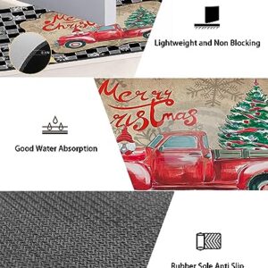 Christmas Bath Mat for Tub,Non Slip Bathroom Floor Runner Rug Quick Dry & Absorbent Diatomaceous Earth Shower Sink Bedroom Kitchen Washable Doormat,Red Truck Snow Tree Black Checkered 16x24+16x47