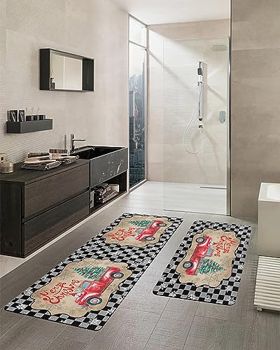 Christmas Bath Mat for Tub,Non Slip Bathroom Floor Runner Rug Quick Dry & Absorbent Diatomaceous Earth Shower Sink Bedroom Kitchen Washable Doormat,Red Truck Snow Tree Black Checkered 16x24+16x47