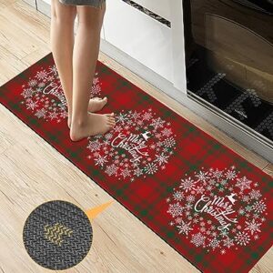 Snowflake Bath Mat for Tub,Non Slip Bathroom Floor Runner Rug Quick Dry & Absorbent Diatomaceous Earth Shower Sink Bedroom Kitchen Washable Doormat,Red Christmas Elk Xmas Plaid Rustic 20"x47"