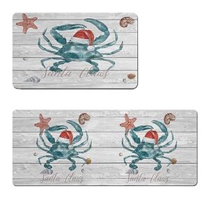 Christmas Bath Mat for Tub,Non Slip Bathroom Floor Runner Rug Quick Dry & Absorbent Diatomaceous Earth Shower Sink Bedroom Kitchen Washable Doormat,Farmhouse Xmas Ocean Crab Red Santa 18x30+18x60