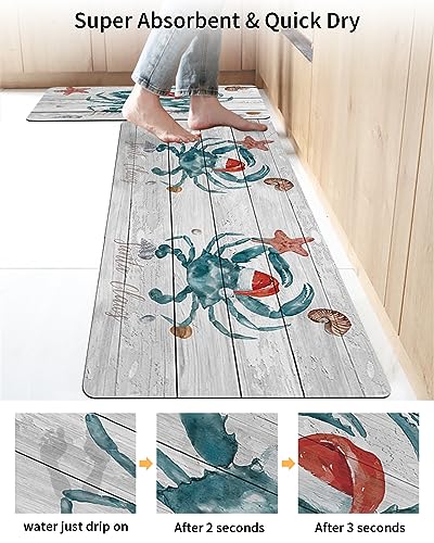 Christmas Bath Mat for Tub,Non Slip Bathroom Floor Runner Rug Quick Dry & Absorbent Diatomaceous Earth Shower Sink Bedroom Kitchen Washable Doormat,Farmhouse Xmas Ocean Crab Red Santa 18x30+18x60