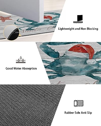 Christmas Bath Mat for Tub,Non Slip Bathroom Floor Runner Rug Quick Dry & Absorbent Diatomaceous Earth Shower Sink Bedroom Kitchen Washable Doormat,Farmhouse Xmas Ocean Crab Red Santa 18x30+18x60