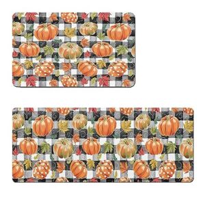 Buffalo Plaid Pumpkins Bath Mat for Tub,Non Slip Bathroom Floor Runner Rug Quick Dry & Absorbent Diatomaceous Earth Shower Sink Kitchen Doormat,Thanksgiving Fall Leaves Black White 20x24+20x48