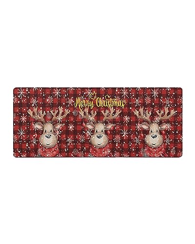 Christmas Elk Bath Mat for Tub,Non Slip Bathroom Floor Runner Rug Quick Dry & Absorbent Diatomaceous Earth Shower Sink Bedroom Kitchen Washable Doormat,Winter Snowflake Buffalo Plaid Red 18"x60"