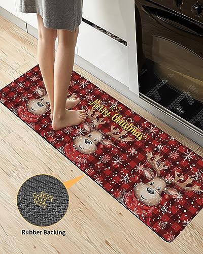 Christmas Elk Bath Mat for Tub,Non Slip Bathroom Floor Runner Rug Quick Dry & Absorbent Diatomaceous Earth Shower Sink Bedroom Kitchen Washable Doormat,Winter Snowflake Buffalo Plaid Red 18"x60"