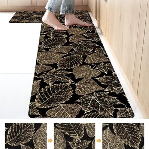Thanksgiving Fall Bath Mat for Tub,Non Slip Bathroom Floor Runner Rug Quick Dry & Absorbent Diatomaceous Earth Shower Sink Kitchen Washable Doormat,Gold Autumn Maple Leaves Black Backdrop 16x24+16x47