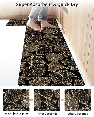 Thanksgiving Fall Bath Mat for Tub,Non Slip Bathroom Floor Runner Rug Quick Dry & Absorbent Diatomaceous Earth Shower Sink Kitchen Washable Doormat,Gold Autumn Maple Leaves Black Backdrop 16x24+16x47