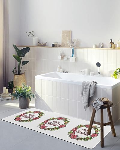 Merry Christmas Bath Mat for Tub,Non Slip Bathroom Floor Runner Rug Quick Dry & Absorbent Diatomaceous Earth Shower Sink Bedroom Kitchen Washable Doormat,Winter Poinsettia Holly Pine Berries 18"x47"