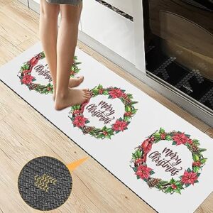 Merry Christmas Bath Mat for Tub,Non Slip Bathroom Floor Runner Rug Quick Dry & Absorbent Diatomaceous Earth Shower Sink Bedroom Kitchen Washable Doormat,Winter Poinsettia Holly Pine Berries 18"x47"