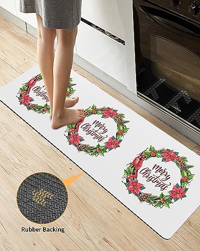 Merry Christmas Bath Mat for Tub,Non Slip Bathroom Floor Runner Rug Quick Dry & Absorbent Diatomaceous Earth Shower Sink Bedroom Kitchen Washable Doormat,Winter Poinsettia Holly Pine Berries 18"x47"