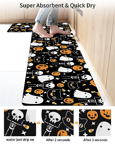 Black Halloween Bath Mat for Tub,Non Slip Bathroom Floor Runner Rug Quick Dry & Absorbent Diatomaceous Earth Shower Sink Kitchen Washable Doormat,Spooky Pumpkin Ghost Skull Cat Horror 18x30+18x48