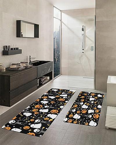 Black Halloween Bath Mat for Tub,Non Slip Bathroom Floor Runner Rug Quick Dry & Absorbent Diatomaceous Earth Shower Sink Kitchen Washable Doormat,Spooky Pumpkin Ghost Skull Cat Horror 18x30+18x48