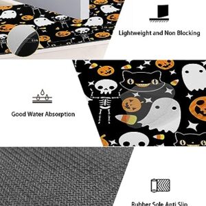 Black Halloween Bath Mat for Tub,Non Slip Bathroom Floor Runner Rug Quick Dry & Absorbent Diatomaceous Earth Shower Sink Kitchen Washable Doormat,Spooky Pumpkin Ghost Skull Cat Horror 18x30+18x48