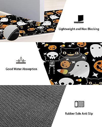 Black Halloween Bath Mat for Tub,Non Slip Bathroom Floor Runner Rug Quick Dry & Absorbent Diatomaceous Earth Shower Sink Kitchen Washable Doormat,Spooky Pumpkin Ghost Skull Cat Horror 18x30+18x48