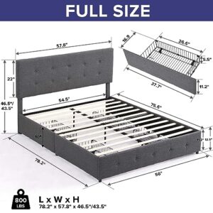 Full Size Linen Upholstered Platform Bed Frame with 4 Storage Drawers and Adjustable Button Headboard, Modern Soft Tufted Bed for Boys Girls Adults, Wooden Slats Support, No Box Spring Needed (Full)