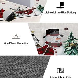 Snowman Bath Mat for Tub,Non Slip Bathroom Floor Runner Rug Quick Dry & Absorbent Diatomaceous Earth Shower Sink Bedroom Kitchen Washable Doormat,Snowflake Christmas Red Buffalo Plaid 24x36+24x71