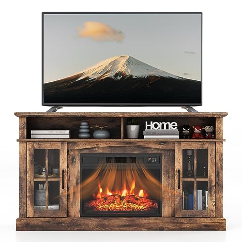 SIMOE 58 Inches Fireplace TV Stand with 23 Inch Fireplace, Electric Fireplace TV Console for TVs up to 65", Entertainment Center with 2 Cabinets & Remote Control, Brown