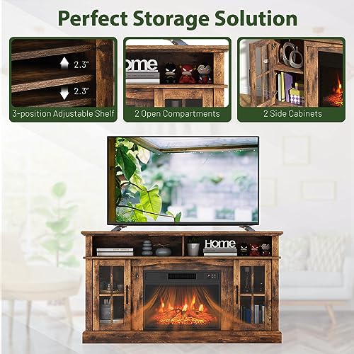 SIMOE 58 Inches Fireplace TV Stand with 23 Inch Fireplace, Electric Fireplace TV Console for TVs up to 65", Entertainment Center with 2 Cabinets & Remote Control, Brown