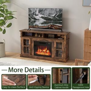 SIMOE 58 Inches Fireplace TV Stand with 23 Inch Fireplace, Electric Fireplace TV Console for TVs up to 65", Entertainment Center with 2 Cabinets & Remote Control, Brown