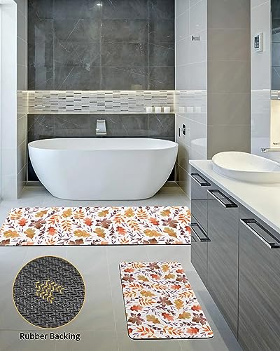 Leaves Bath Mat for Tub,Non Slip Bathroom Floor Runner Rug Quick Dry & Absorbent Diatomaceous Earth Shower Sink Kitchen Washable Doormat,Summer Fall Thanksgiving Maple Leaf Watercolor 20x24+20x48