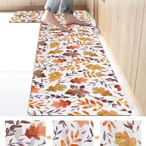 Leaves Bath Mat for Tub,Non Slip Bathroom Floor Runner Rug Quick Dry & Absorbent Diatomaceous Earth Shower Sink Kitchen Washable Doormat,Summer Fall Thanksgiving Maple Leaf Watercolor 20x24+20x48