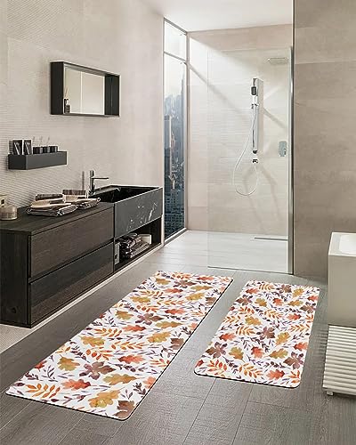 Leaves Bath Mat for Tub,Non Slip Bathroom Floor Runner Rug Quick Dry & Absorbent Diatomaceous Earth Shower Sink Kitchen Washable Doormat,Summer Fall Thanksgiving Maple Leaf Watercolor 20x24+20x48