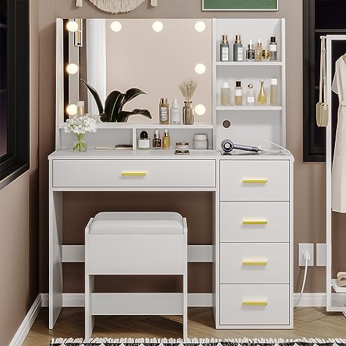 AOGLLATI Makeup Vanity Set with Lights & Charging Station, Vanity Desk with Mirror and Lights, White Makeup Desk with Cushioned Stool, Visible Drawers, Jewelry Organizers, Open Storage Shelves