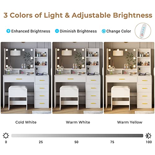 AOGLLATI Makeup Vanity Set with Lights & Charging Station, Vanity Desk with Mirror and Lights, White Makeup Desk with Cushioned Stool, Visible Drawers, Jewelry Organizers, Open Storage Shelves