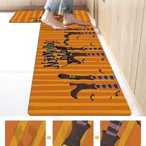 Halloween Bath Mat for Tub,Non Slip Bathroom Floor Runner Rug Quick Dry & Absorbent Diatomaceous Earth Shower Sink Kitchen Washable Doormat,Witches Boot Bats Orange Geometry Stripes 18x30+18x60