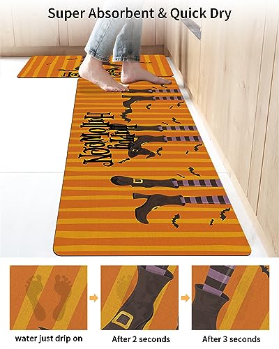 Halloween Bath Mat for Tub,Non Slip Bathroom Floor Runner Rug Quick Dry & Absorbent Diatomaceous Earth Shower Sink Kitchen Washable Doormat,Witches Boot Bats Orange Geometry Stripes 18x30+18x60