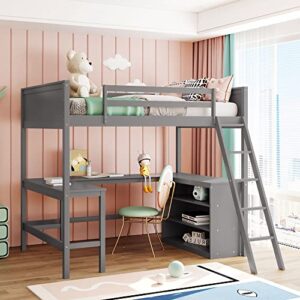biadnbz full size loft bed with 2 desks and bookshelves,wooden loftbed with guardrails and ladder for kids/teens/bedroom,gray