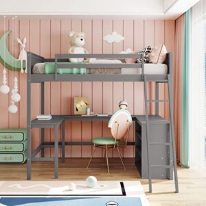 BIADNBZ Full Size Loft Bed with 2 Desks and Bookshelves,Wooden LoftBed with Guardrails and Ladder for Kids/Teens/Bedroom,Gray