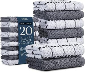 20-piece kitchen towels and dishcloths sets - 100% cotton terry dish towels for kitchen - absorbent & quick drying hand towels- super soft & scretch free - 10 towels 15"x25" + 10 dish cloths 12"x12"