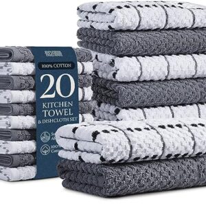 20-Piece Kitchen Towels And Dishcloths Sets - 100% Cotton Terry Dish Towels For Kitchen - Absorbent & Quick Drying Hand Towels- Super Soft & Scretch Free - 10 Towels 15"x25" + 10 Dish Cloths 12"x12"