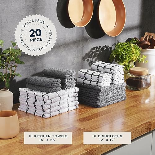20-Piece Kitchen Towels And Dishcloths Sets - 100% Cotton Terry Dish Towels For Kitchen - Absorbent & Quick Drying Hand Towels- Super Soft & Scretch Free - 10 Towels 15"x25" + 10 Dish Cloths 12"x12"