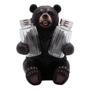 sitting black bear salt and pepper set holder, rustic décor, shakers included, 7 inches