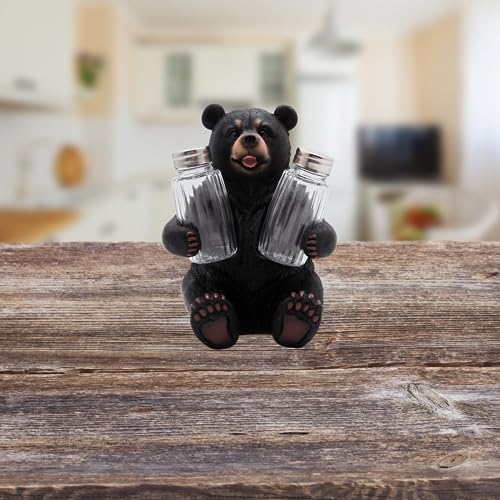 Sitting Black Bear Salt and Pepper Set Holder, Rustic Décor, Shakers Included, 7 Inches