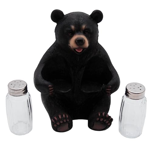 Sitting Black Bear Salt and Pepper Set Holder, Rustic Décor, Shakers Included, 7 Inches