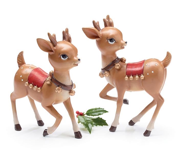 One Holiday Way 8-Inch Set of 2 Vintage Decorative Baby Reindeer Figurines w/Collars, Red Blankets, Gold Bells - Cute Christmas Deer Statuette Mantel Shelf Tabletop Decoration - Retro Xmas Home Decor