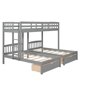 DEYOBED Twin Over Twin & Twin Wooden Triple Bed Bunk Bed with Integrated Middle Drawer Storage - Stylish and Functional Sleep Arrangement for Kids, Teens, Adults