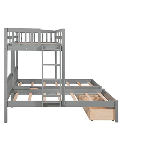 DEYOBED Twin Over Twin & Twin Wooden Triple Bed Bunk Bed with Integrated Middle Drawer Storage - Stylish and Functional Sleep Arrangement for Kids, Teens, Adults