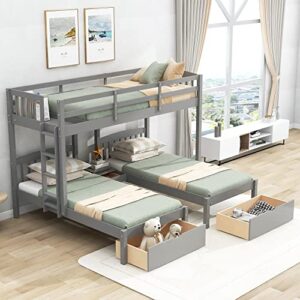 DEYOBED Twin Over Twin & Twin Wooden Triple Bed Bunk Bed with Integrated Middle Drawer Storage - Stylish and Functional Sleep Arrangement for Kids, Teens, Adults