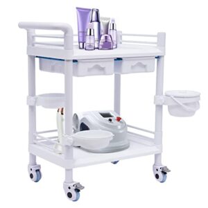 rolling utility cart, 3-tier heavy duty cosmetology cart with 360° swivel wheels, dirt bucket and drawer for beauty salon spa, commercial hospital office lab cart (white)