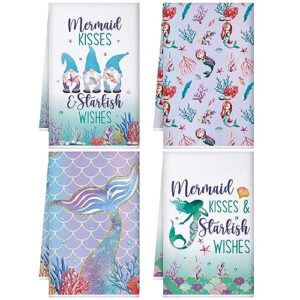 4 pcs mermaid summer hand towels gnome kitchen towels housewarming towels set 16 x 24 inch absorbent drying dish cloths tea towel housewarming gifts decorations for home bathroom drying dishes
