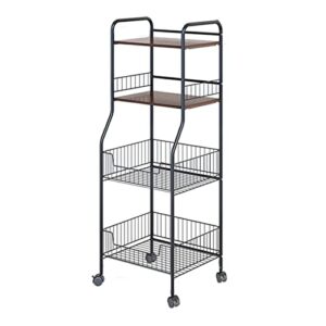 pochy multipurpose kitchen storage wagon rolling grocery cart with metal mesh drawers，wooden countertop pulley storage trolley home office shelves black