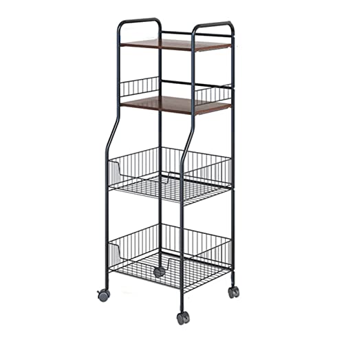 POCHY Multipurpose Kitchen Storage Wagon Rolling Grocery Cart with Metal Mesh Drawers，Wooden Countertop Pulley Storage Trolley Home Office Shelves Black